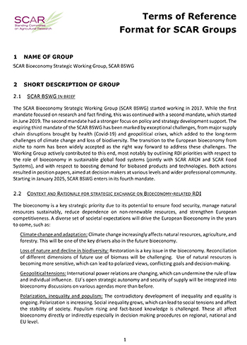 Terms of Reference Format for SCAR Groups - 4th Mandate of SCAR Strategic Working Group, BIOECONOMY